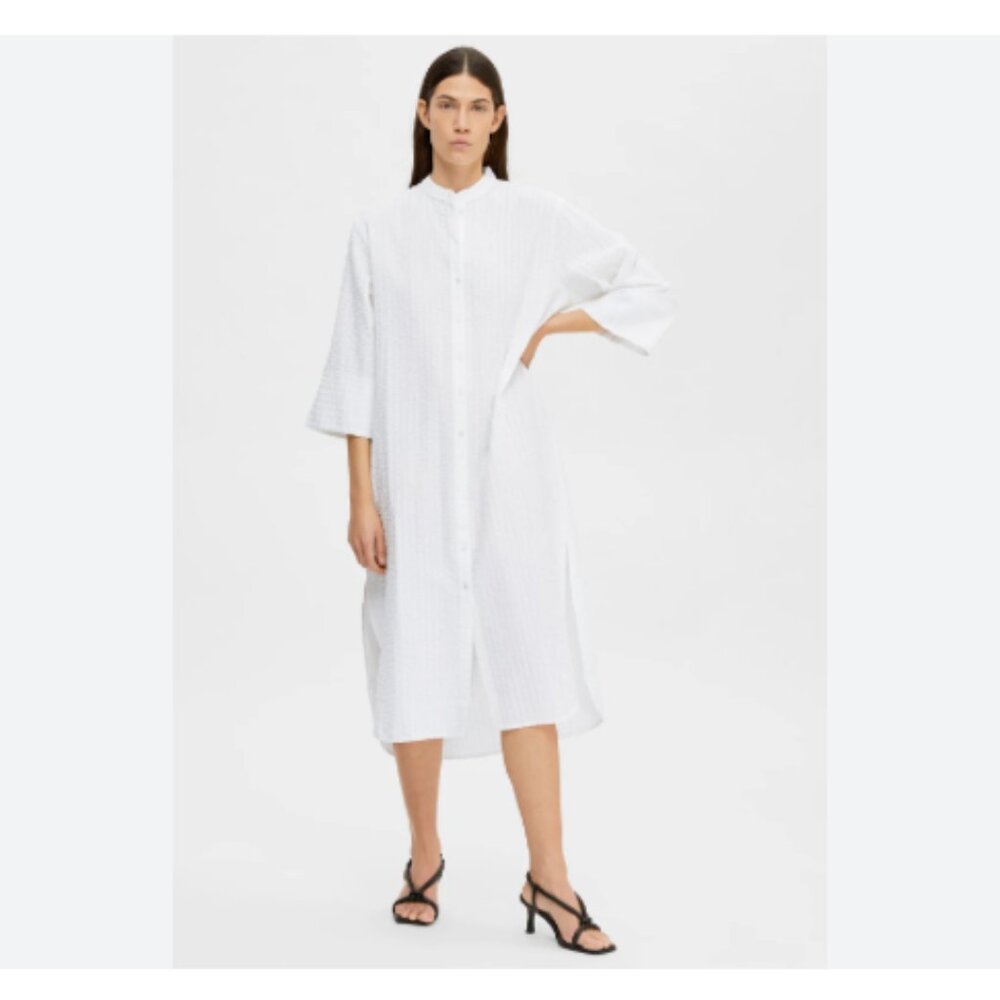 Selected Femme Oversized 34 US XS Holly Shirt Dress White Cotton Midi Button Up
